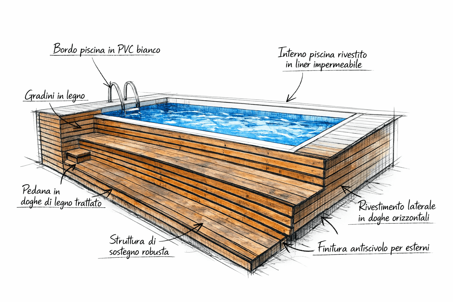 Disegno tecnico solarium per piscina fuori terra in legno con gradoni integrati, struttura portante e rivestimento su misura Skenarte