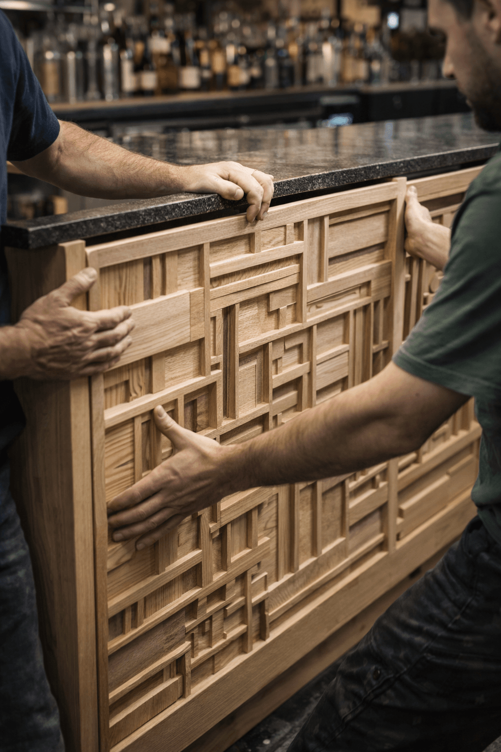 Installazione rivestimento bancone bar in legno fresato su misura realizzato da Skenarte in Sicilia