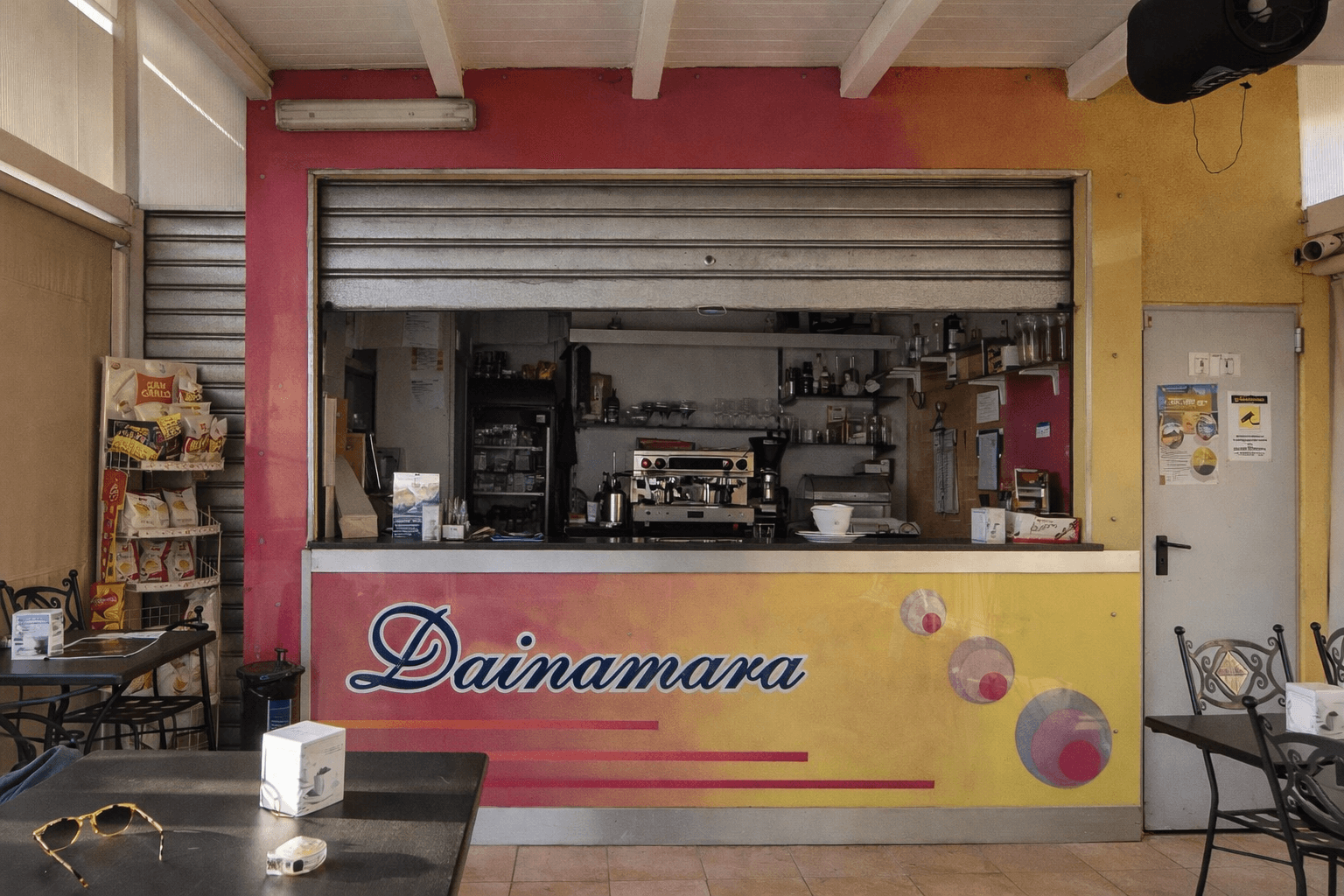 Chiosco bar prima del restyling Chiosco bar prima del restyling con struttura semplice e materiali standard