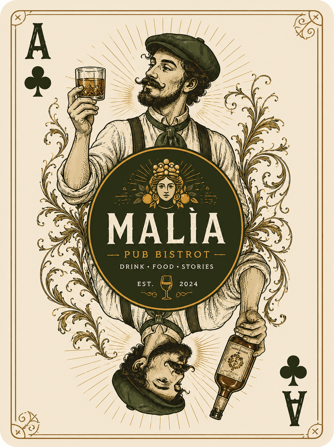 Asso Siciliano – Carta personalizzata Pub Malìa Carta da gioco personalizzata "Asso Siciliano" realizzata per il Pub Malìa, con illustrazione in stile siciliano e grafica esclusiva progettata da Skenarte.