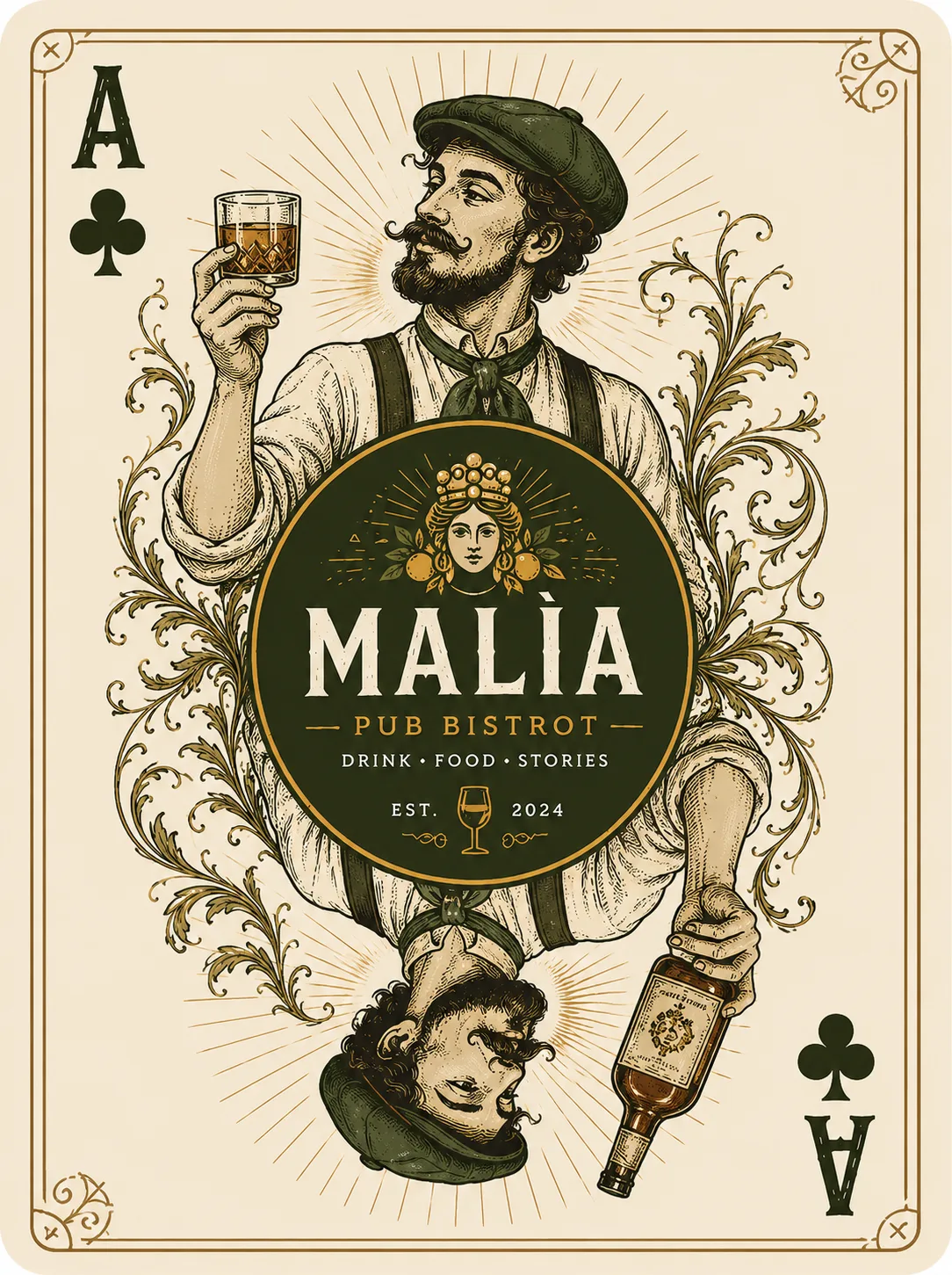 Asso Siciliano – Carta personalizzata Pub Malìa Carta da gioco personalizzata "Asso Siciliano" realizzata per il Pub Malìa, con illustrazione in stile siciliano e grafica esclusiva progettata da Skenarte.