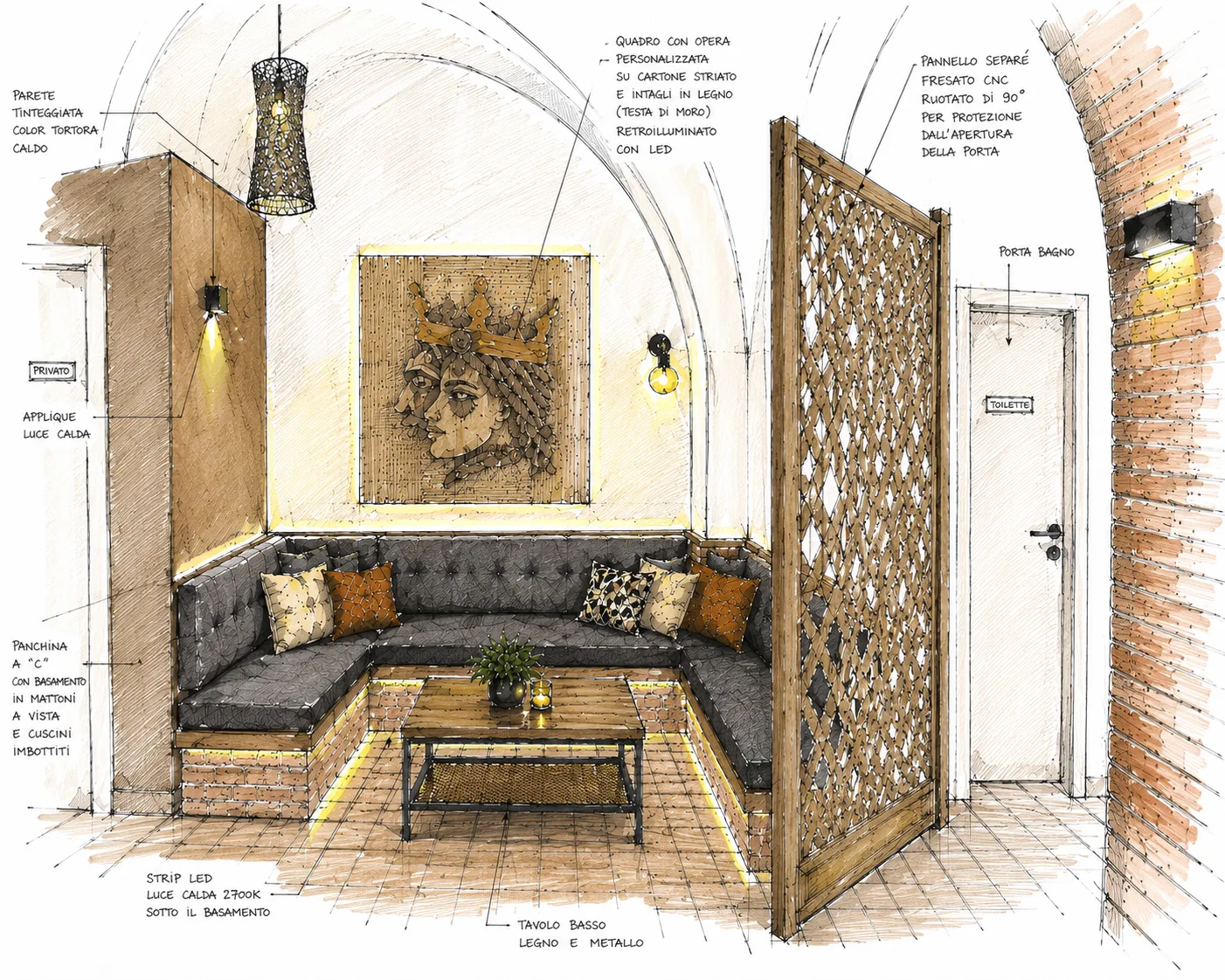 Bozzetto area privé – Restyling Pub Malìa Bozzetto progettuale dell'area privé del Pub Malìa con arredi su misura, separé decorativo, illuminazione scenografica e concept di interior design realizzato da Skenarte.