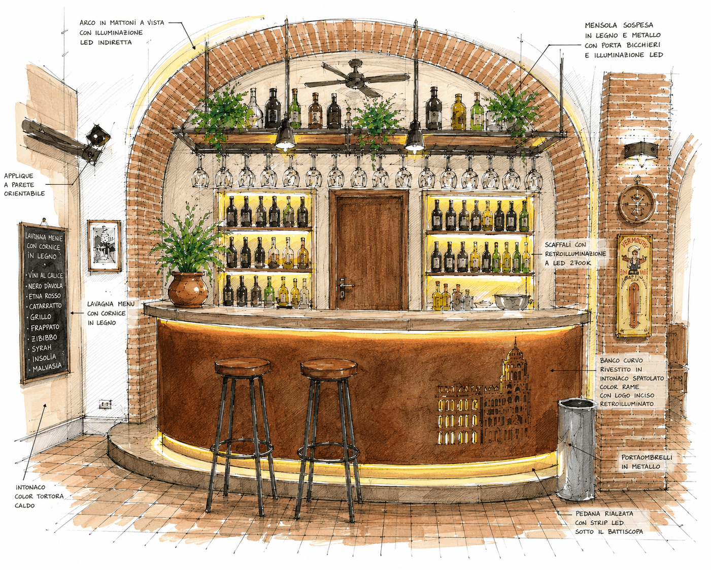 Bozzetto progettuale – Restyling Pub Malìa Bozzetto artistico del progetto di restyling del Pub Malìa con bancone bar su misura, retrobanco illuminato e concept di interior design sviluppato da Skenarte.